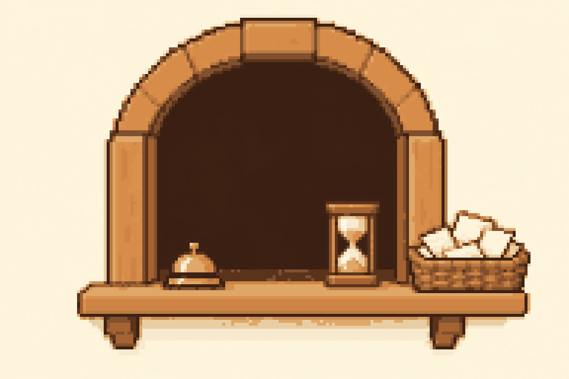 The returns hatch: an arched window with a bell and an hourglass